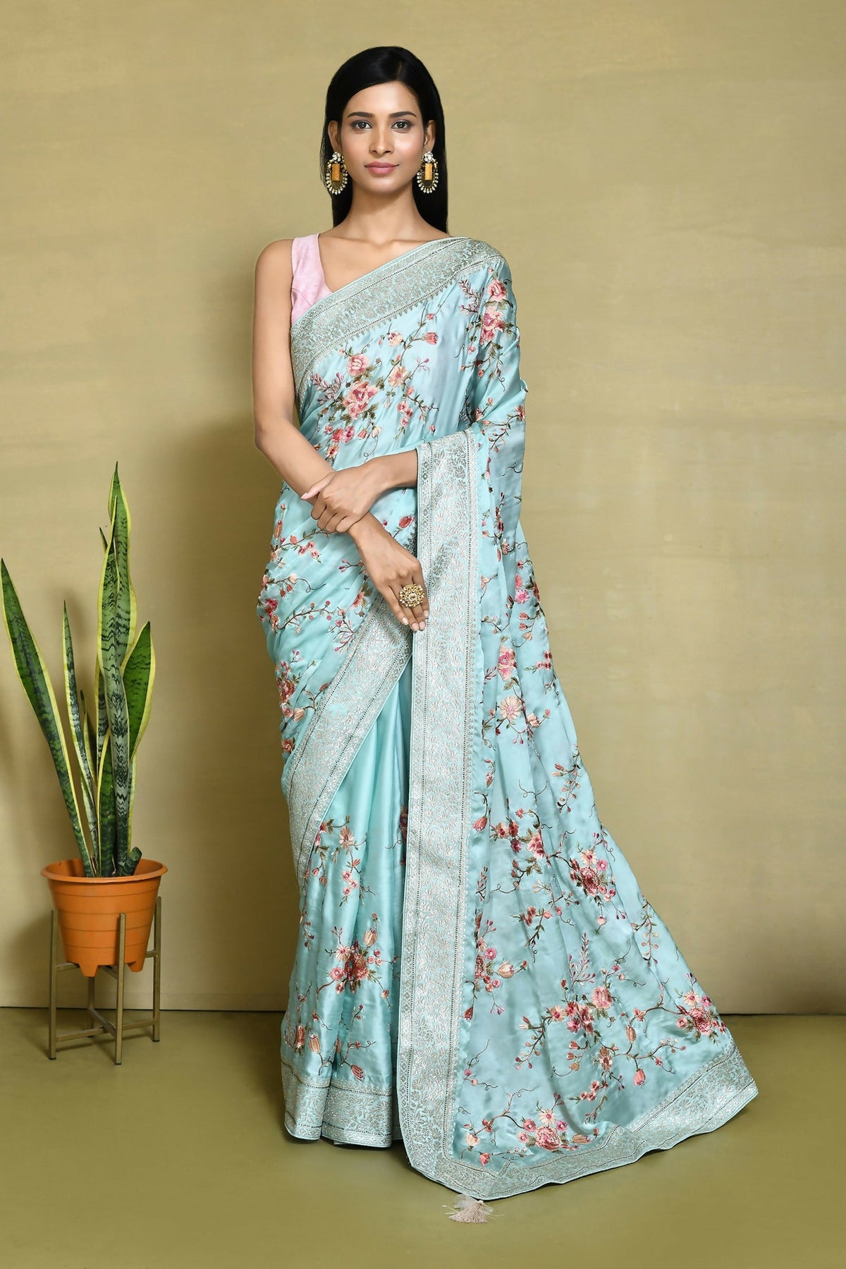 Blue Satin Silk Embroidered With Woven Design Border Festive Saree - Nimaya Denzy | Grocsy