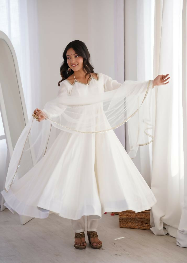 Lehenga Mart Designer Anarkali Suit With Kurta, Pant, Dupatta For Women-White | Grocsy