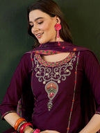 Sangria Embroidered Zari Sequence Kurta With Trousers & Dupatta Set | Grocsy