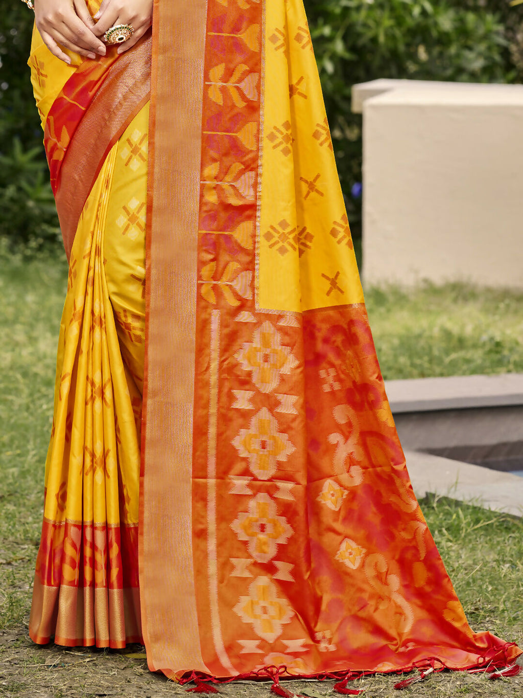 Shree Shyam Fashion Pochampalli Silk Yellow Saree | Grocsy