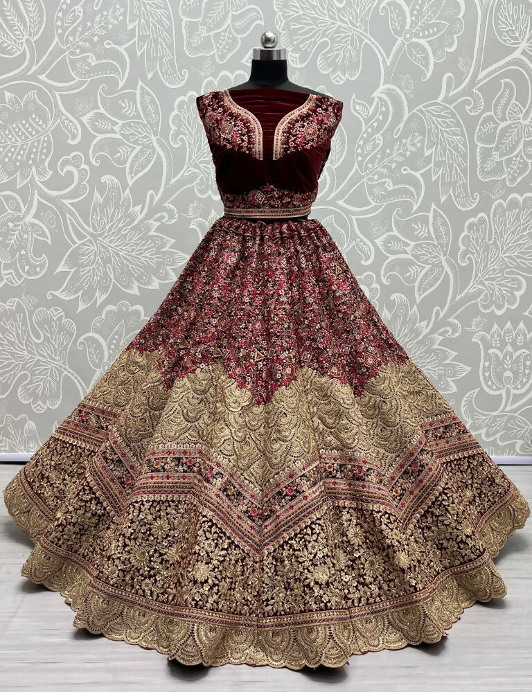 Jyoti Fashion Women's Maroon Velvet Fancy Dori & Sequins Multi Thread Embroidered with Diamond Work Wedding Lehenga Choli | Grocsy