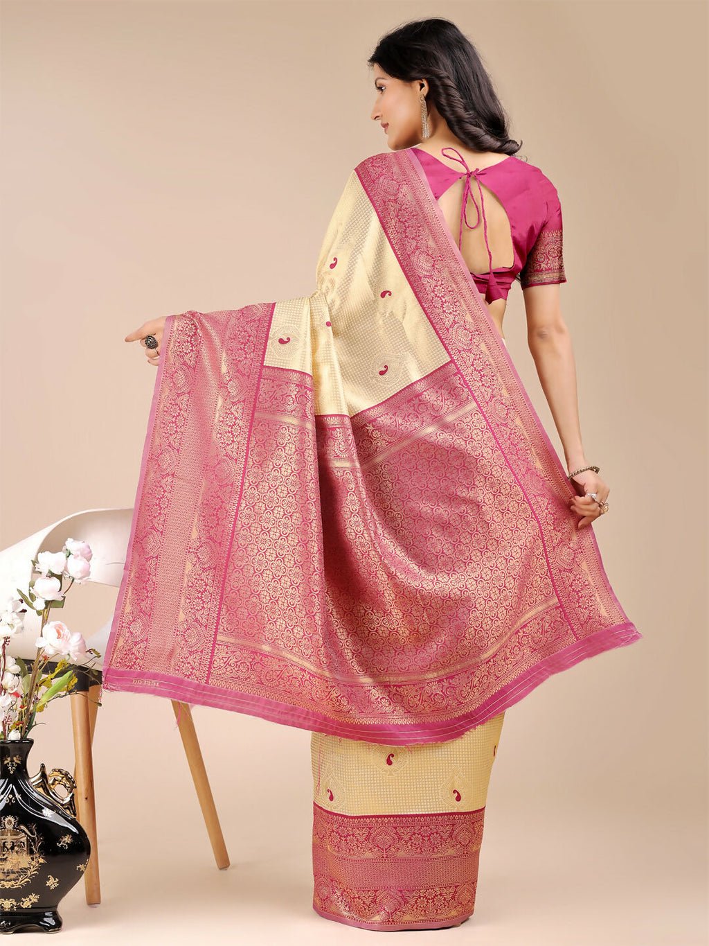 Shree Shyam Fashion Aura Silk Cream Magenta Banarasi Silk Saree | Grocsy
