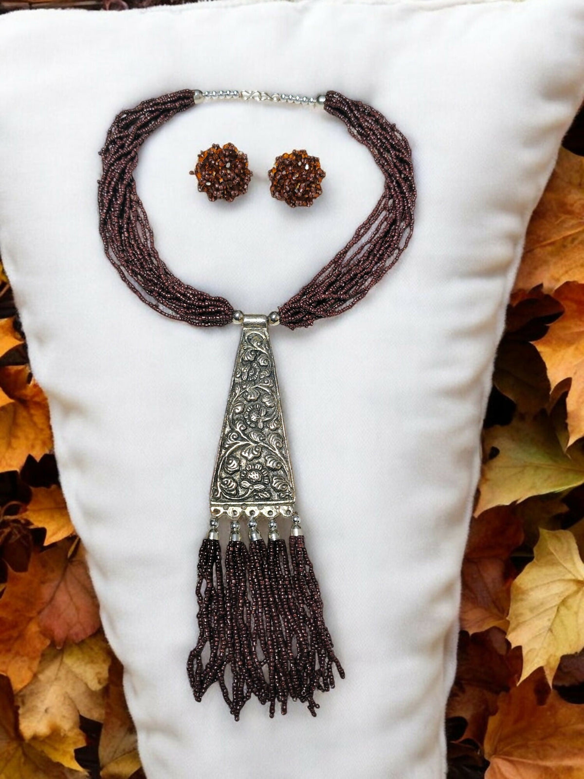 Inhanns Day-To-Dinner Tie Shaped Oxidized Black Metal Multi-Layered Long Necklace Set - Coffee | Grocsy