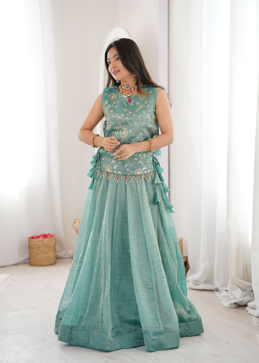 Lorenvalley Fashion Skyblue Salsa Crush Plain Lehenga Choli with Koti | Grocsy