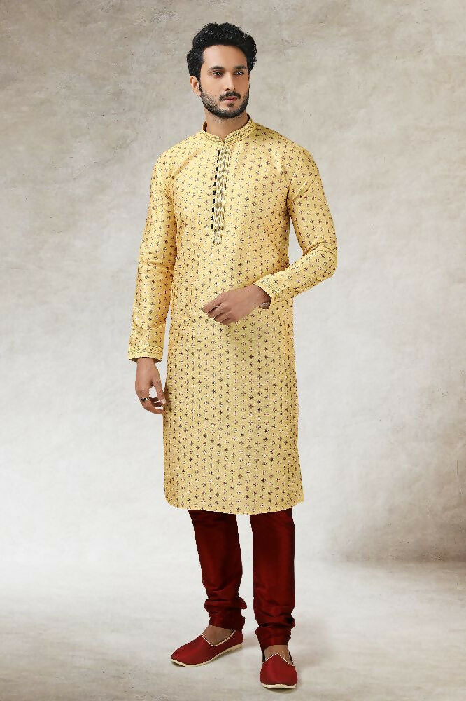 Raivat Ethnic Art Silk Printed Work Kurta Pajama In Yellow Colour | Grocsy