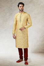 Raivat Ethnic Art Silk Printed Work Kurta Pajama In Yellow Colour | Grocsy