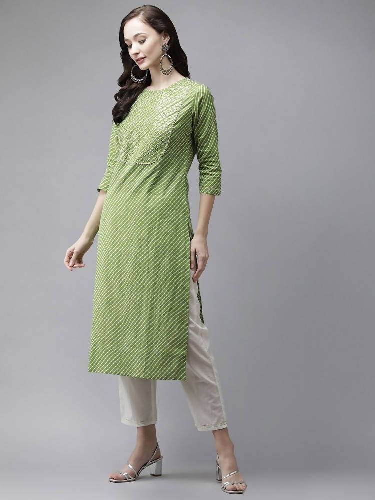 Yufta Women Green And White Bandhani print Kurta with Trouser Set | Grocsy