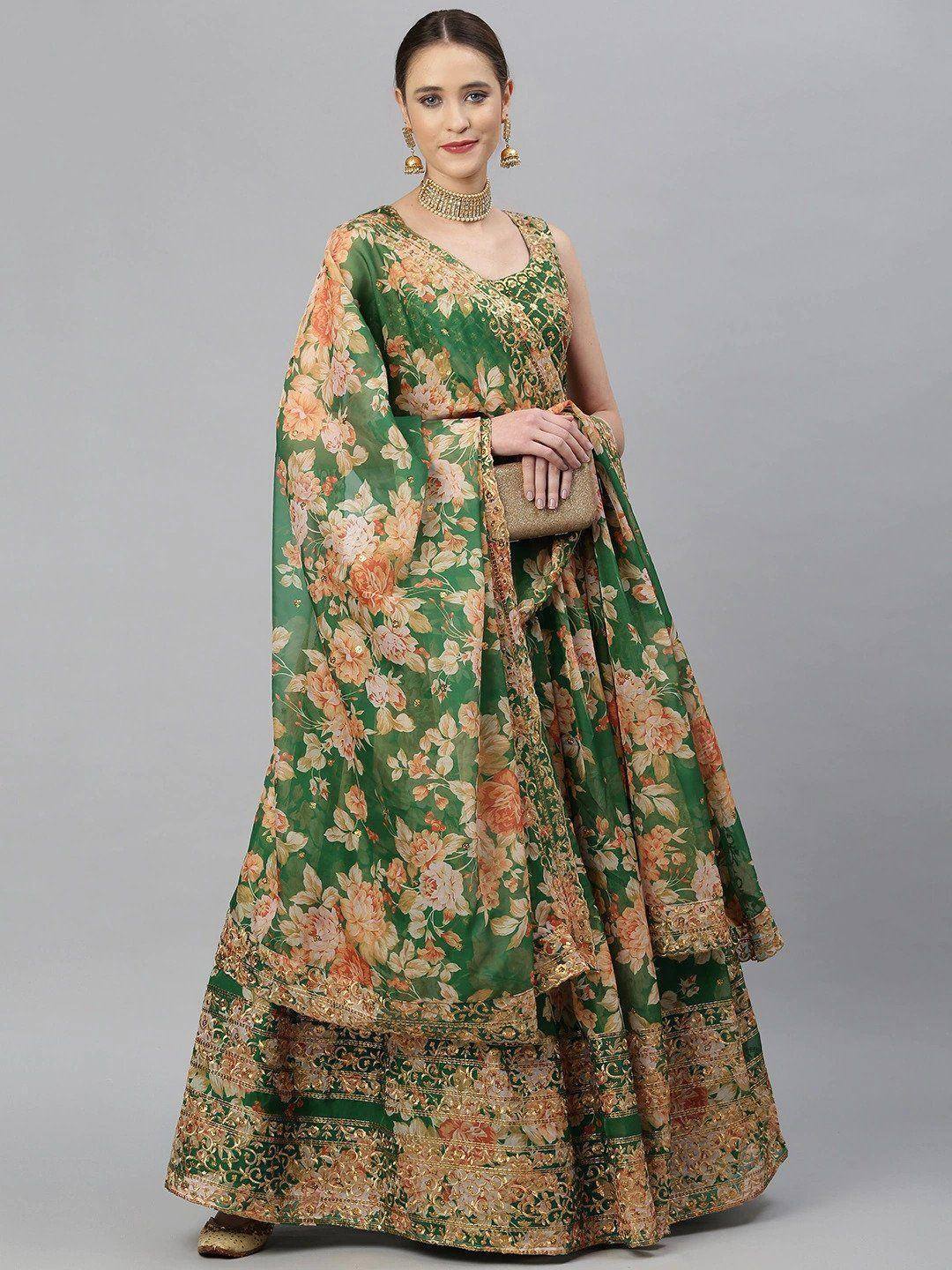 Tulsi Art Green & Peach-Coloured Embellished Sequinned Semi-Stitched Myntra Lehenga & Unstitched Blouse | Grocsy