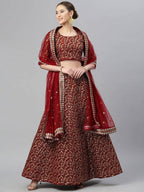 Tulsi Art Maroon & Golden Semi-Stitched Myntra Bridal Lehenga & Unstitched Blouse With Dupatta | Grocsy