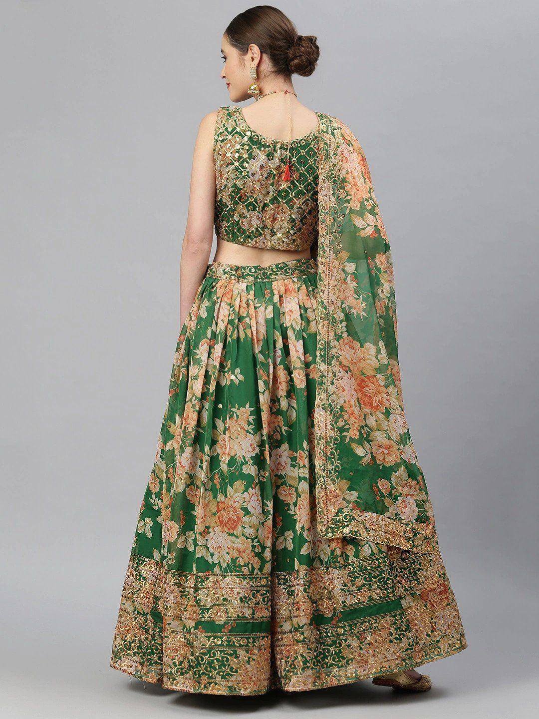 Tulsi Art Green & Peach-Coloured Embellished Sequinned Semi-Stitched Myntra Lehenga & Unstitched Blouse | Grocsy
