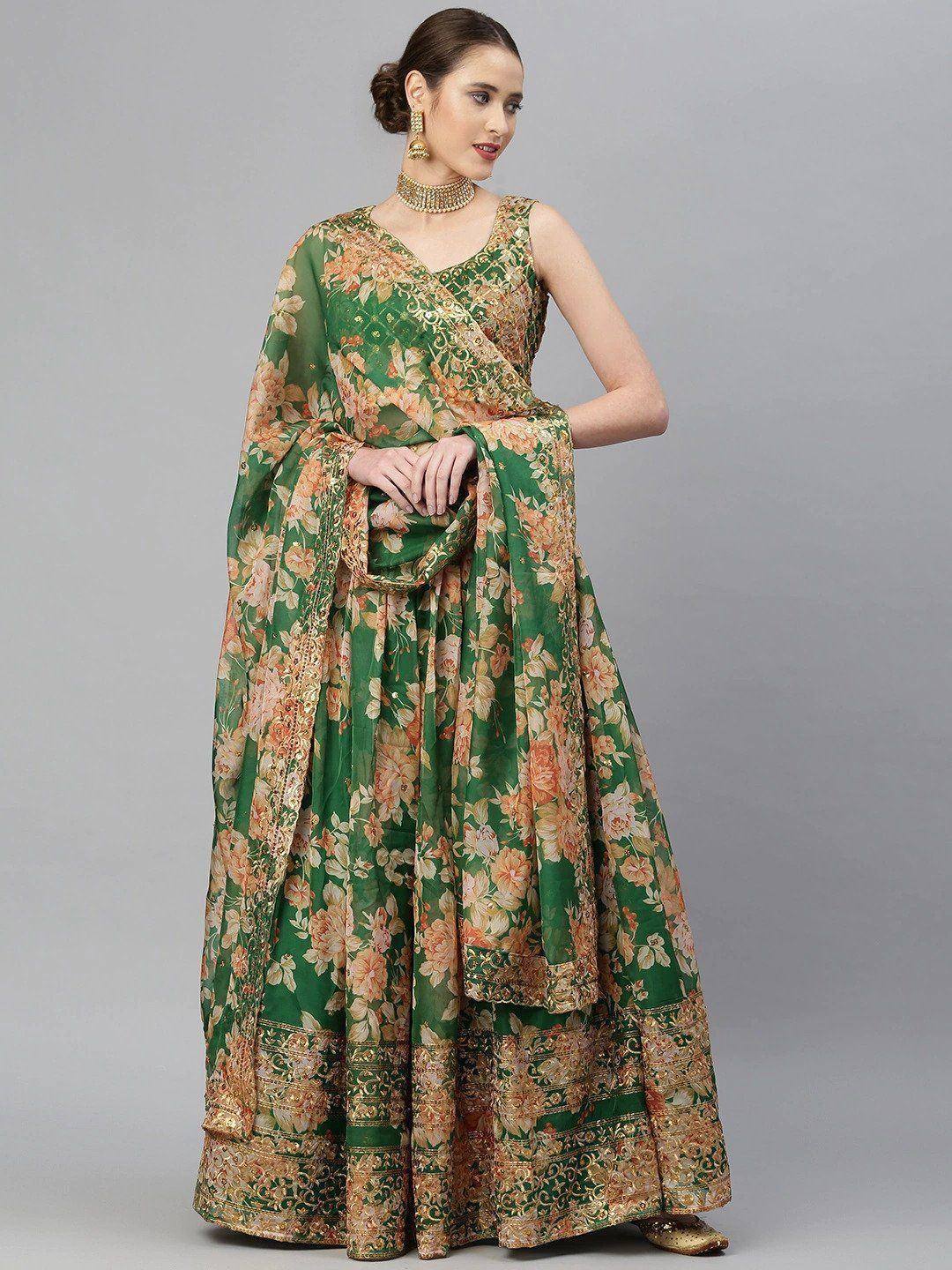 Tulsi Art Green & Peach-Coloured Embellished Sequinned Semi-Stitched Myntra Lehenga & Unstitched Blouse | Grocsy