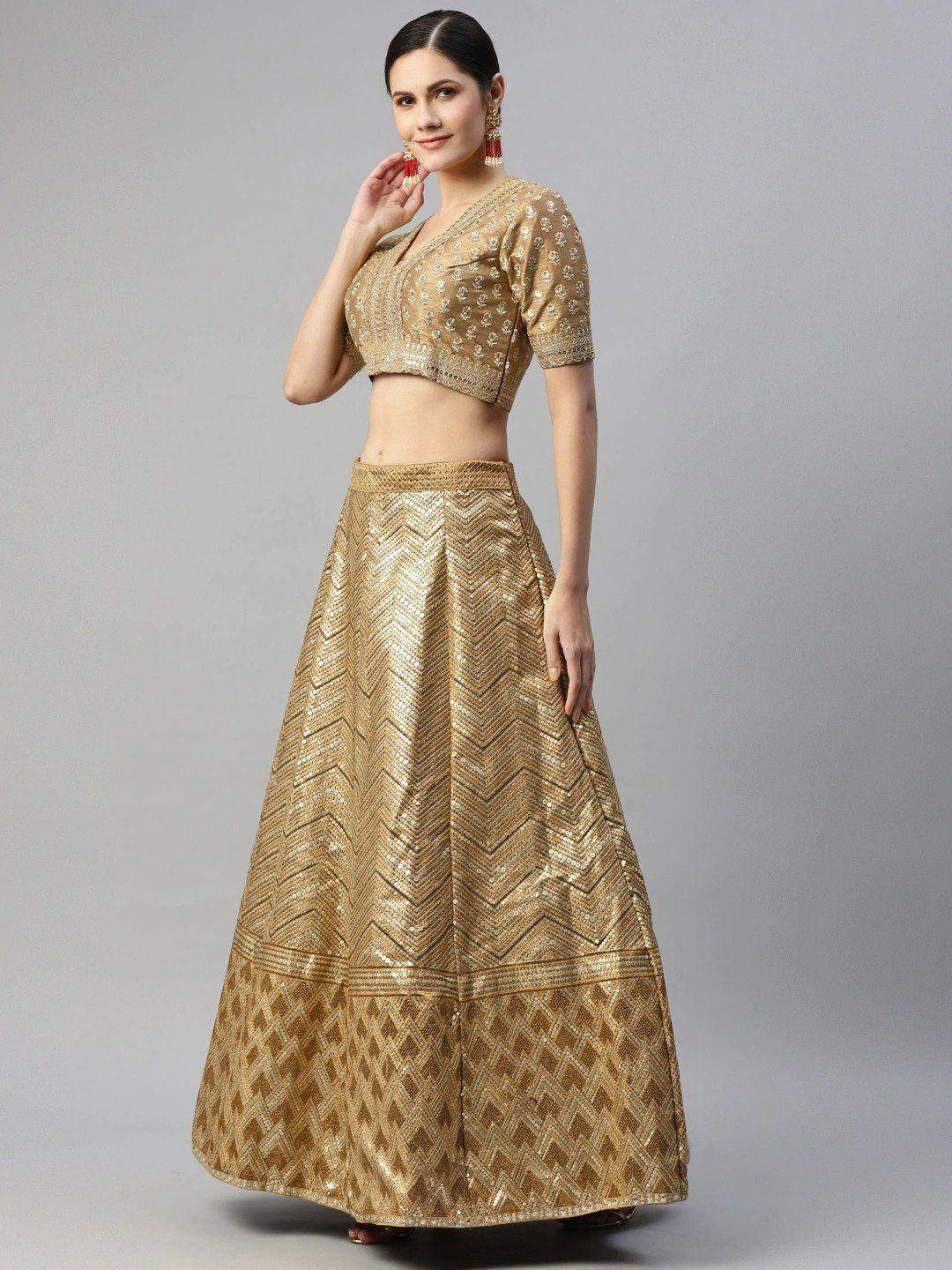 Tulsi Art Beige Embroidered Sequinned Unstitched Myntra Lehenga & Blouse With Dupatta | Grocsy