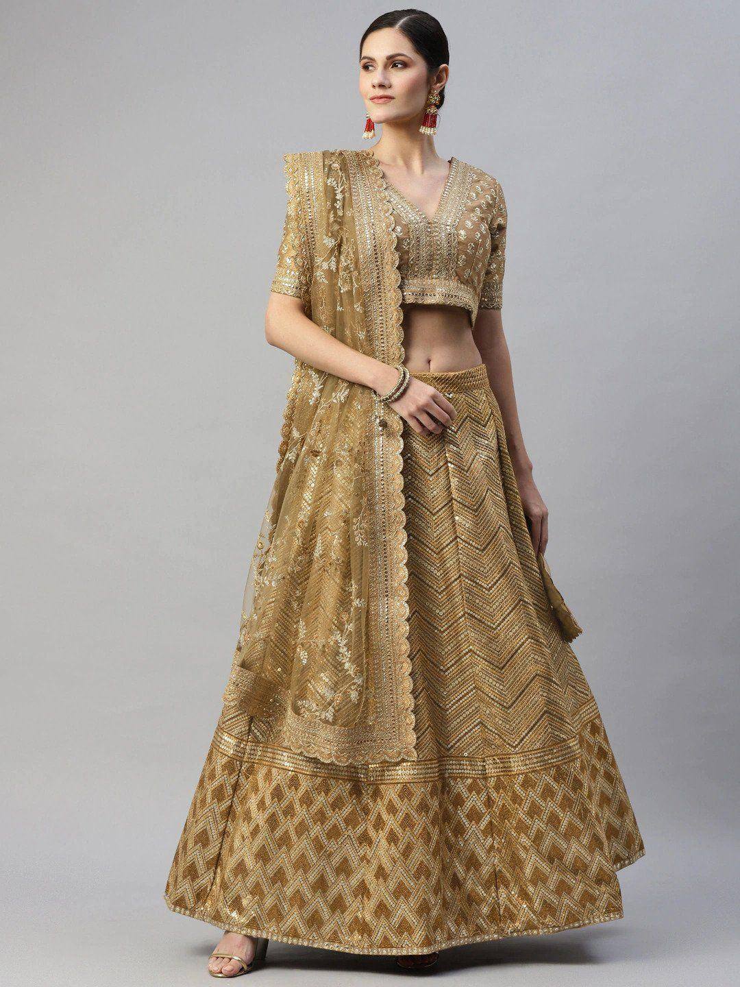 Tulsi Art Beige Embroidered Sequinned Unstitched Myntra Lehenga & Blouse With Dupatta | Grocsy