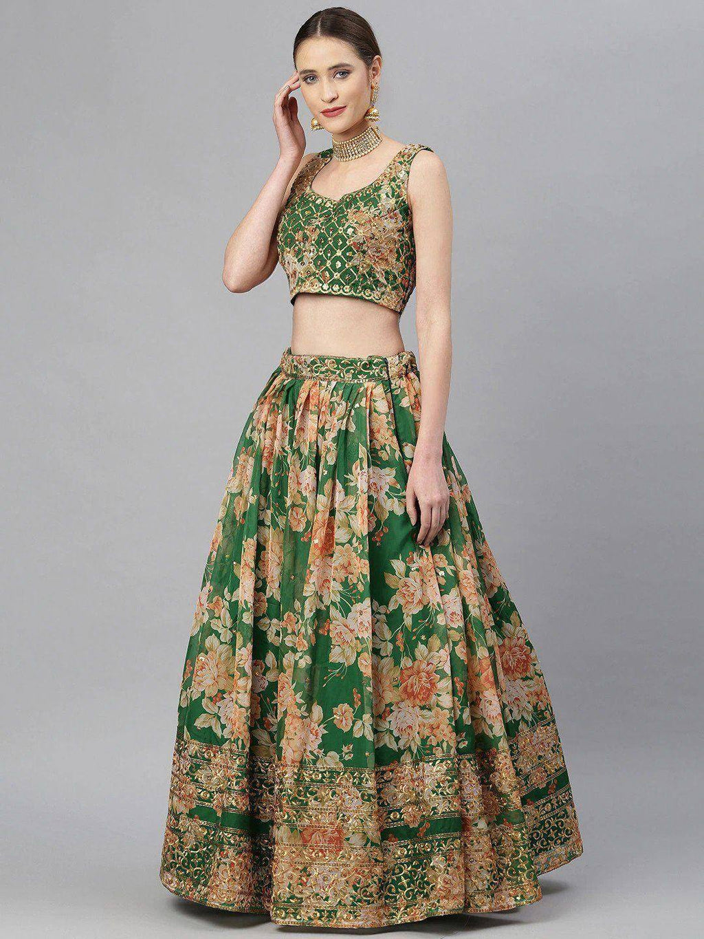 Tulsi Art Green & Peach-Coloured Embellished Sequinned Semi-Stitched Myntra Lehenga & Unstitched Blouse | Grocsy
