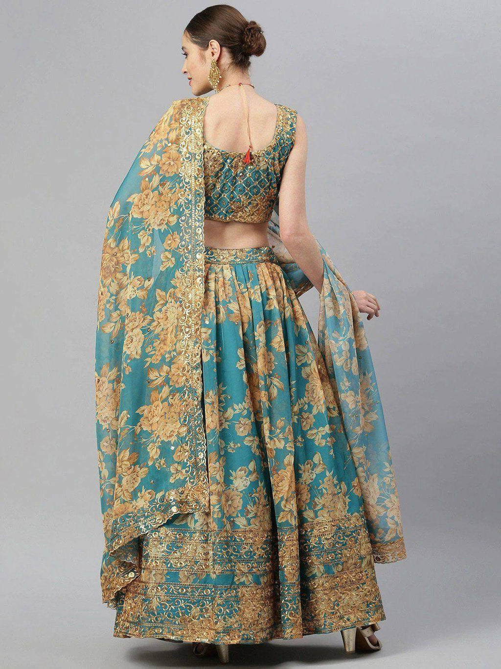Tulsi Art Teal & Peach-Coloured Embellished Sequinned Semi-Stitched Myntra Lehenga & Unstitched Blouse | Grocsy