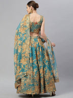 Tulsi Art Teal & Peach-Coloured Embellished Sequinned Semi-Stitched Myntra Lehenga & Unstitched Blouse | Grocsy