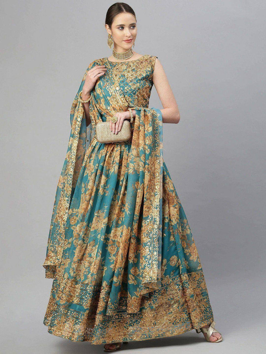 Tulsi Art Teal & Peach-Coloured Embellished Sequinned Semi-Stitched Myntra Lehenga & Unstitched Blouse | Grocsy
