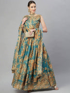 Tulsi Art Teal & Peach-Coloured Embellished Sequinned Semi-Stitched Myntra Lehenga & Unstitched Blouse | Grocsy