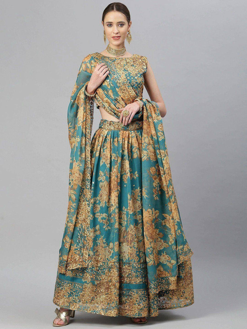 Tulsi Art Teal & Peach-Coloured Embellished Sequinned Semi-Stitched Myntra Lehenga & Unstitched Blouse | Grocsy