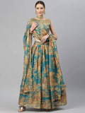 Tulsi Art Teal & Peach-Coloured Embellished Sequinned Semi-Stitched Myntra Lehenga & Unstitched Blouse | Grocsy