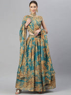 Tulsi Art Teal & Peach-Coloured Embellished Sequinned Semi-Stitched Myntra Lehenga & Unstitched Blouse | Grocsy