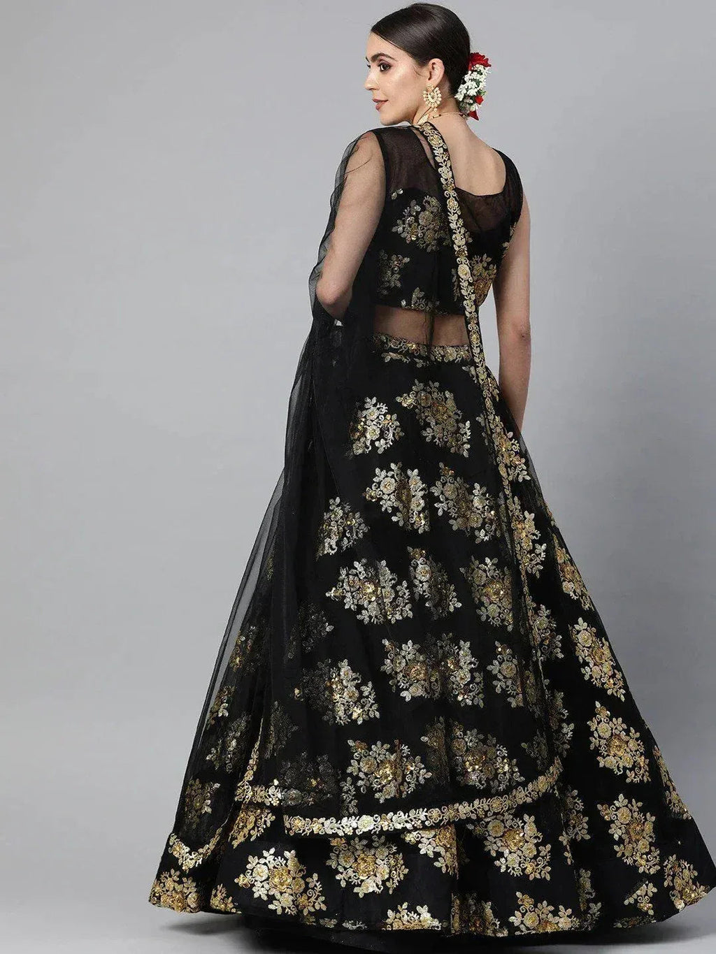 Tulsi Art Black & Golden Sequinned Semi-Stitched Myntra Lehenga & Blouse With Dupatta | Grocsy