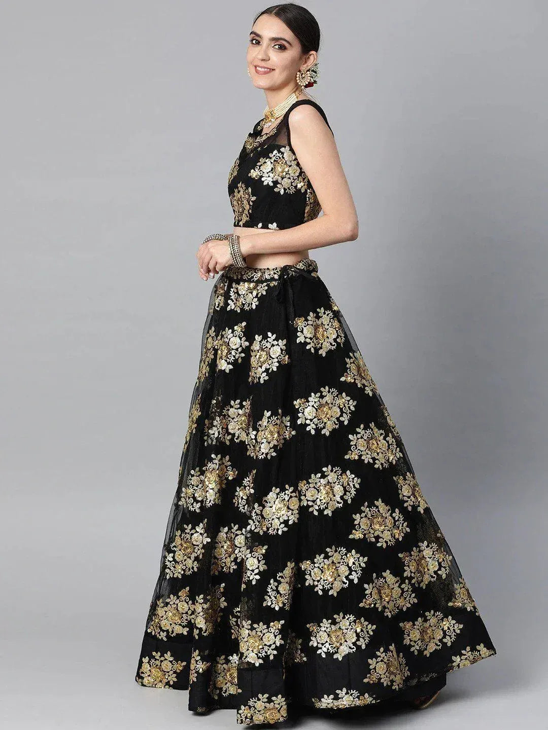 Tulsi Art Black & Golden Sequinned Semi-Stitched Myntra Lehenga & Blouse With Dupatta | Grocsy
