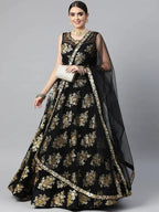 Tulsi Art Black & Golden Sequinned Semi-Stitched Myntra Lehenga & Blouse With Dupatta | Grocsy
