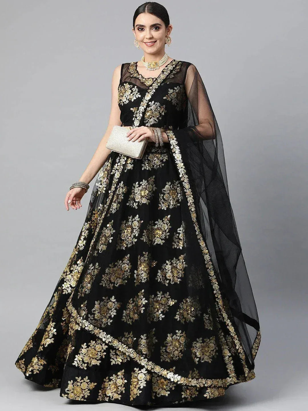 Tulsi Art Black & Golden Sequinned Semi-Stitched Myntra Lehenga & Blouse With Dupatta | Grocsy