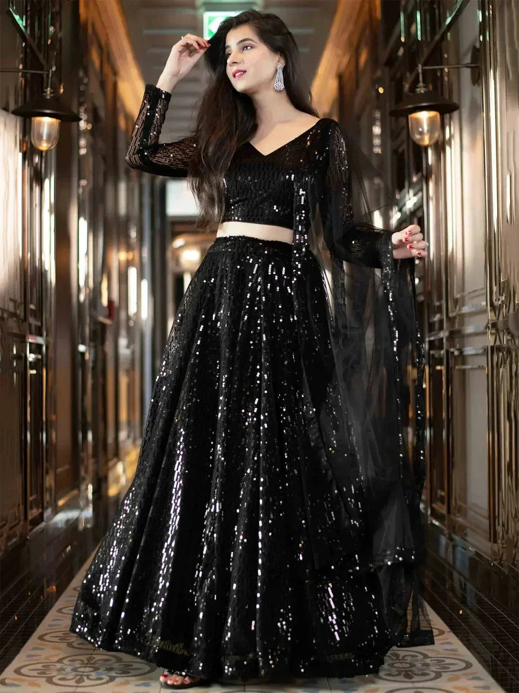 Tulsi Art Black Sequins Heavy Net Party Wear Lehenga Choli With Dupatta | Grocsy
