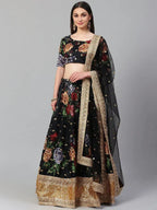 Tulsi Art Black & Grey Printed Semi-Stitched Myntra Lehenga & Unstitched Blouse With Dupatta | Grocsy