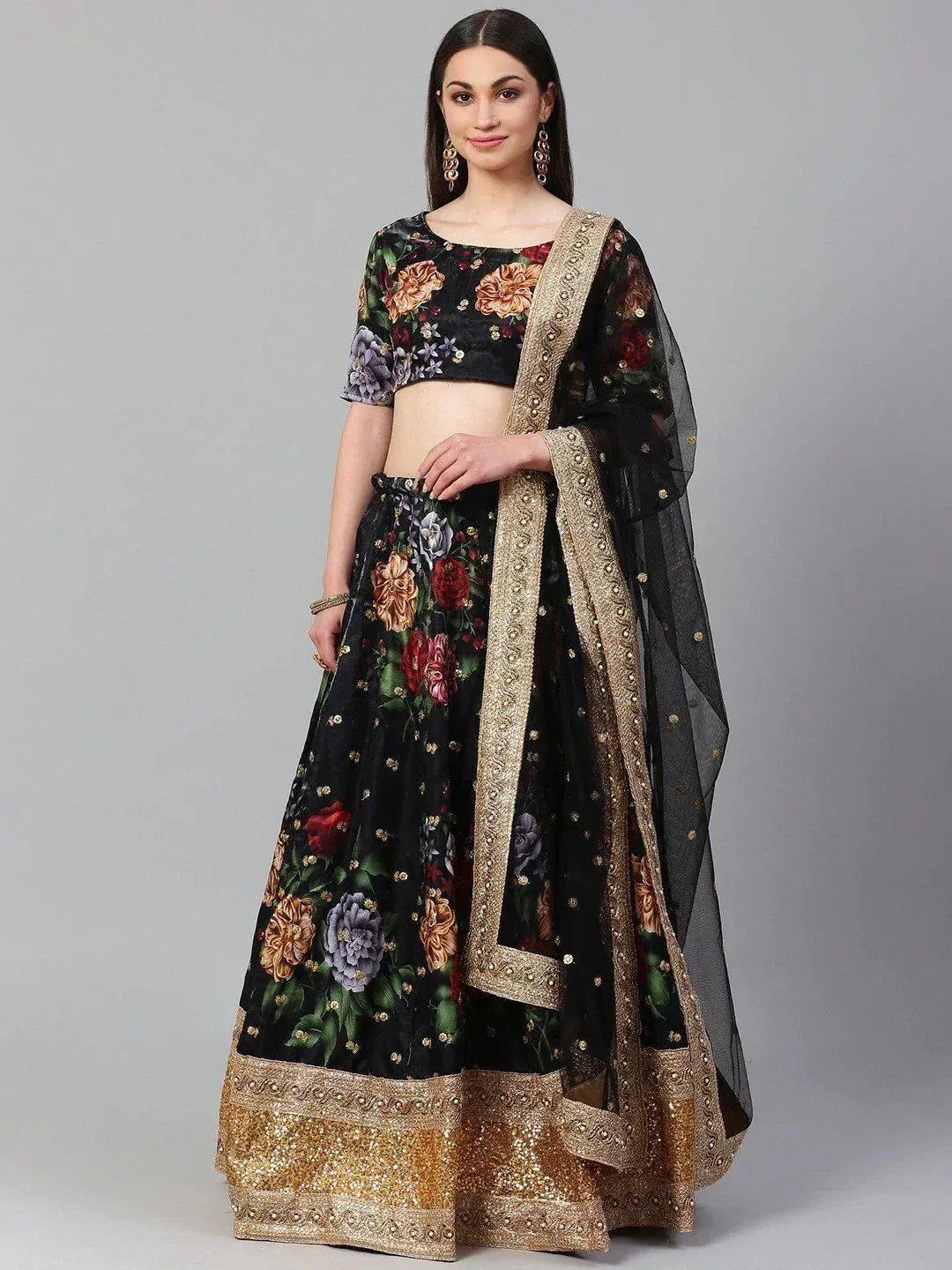 Tulsi Art Black & Grey Printed Semi-Stitched Myntra Lehenga & Unstitched Blouse With Dupatta | Grocsy