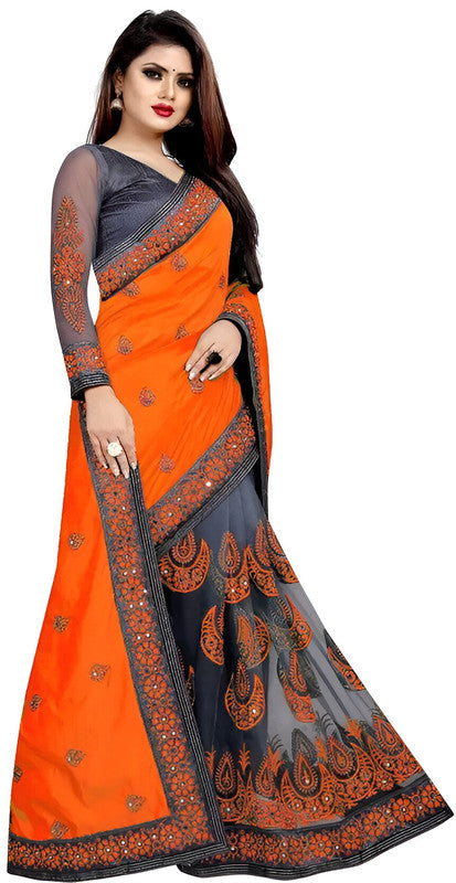 Dishitha Creation Indian Women's Designer Embroidered Art Silk Saree - Orange | Grocsy