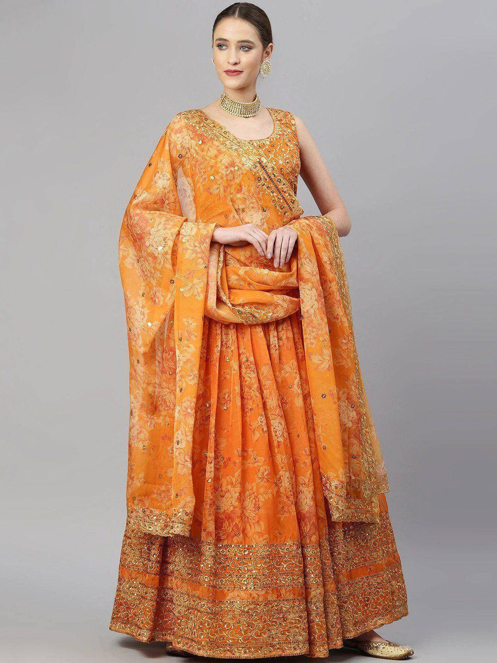 Tulsi Art Orange & Gold-Toned Embellished Sequinned Semi-Stitched Myntra Lehenga & Unstitched Blouse | Grocsy