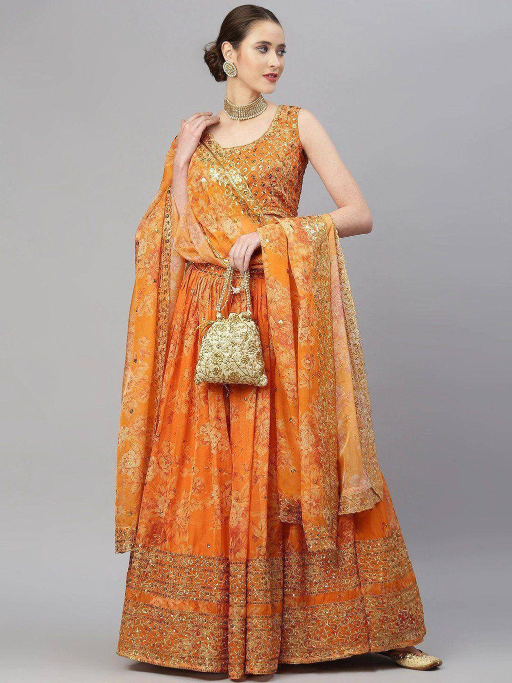 Tulsi Art Orange & Gold-Toned Embellished Sequinned Semi-Stitched Myntra Lehenga & Unstitched Blouse | Grocsy