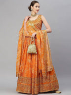 Tulsi Art Orange & Gold-Toned Embellished Sequinned Semi-Stitched Myntra Lehenga & Unstitched Blouse | Grocsy
