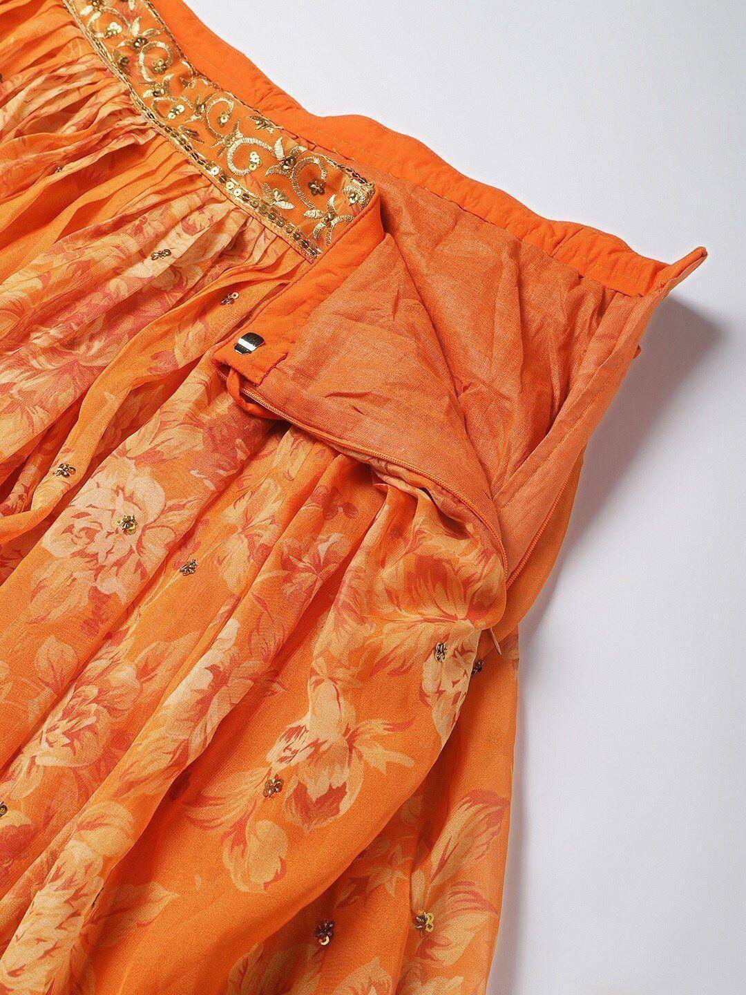 Tulsi Art Orange & Gold-Toned Embellished Sequinned Semi-Stitched Myntra Lehenga & Unstitched Blouse | Grocsy