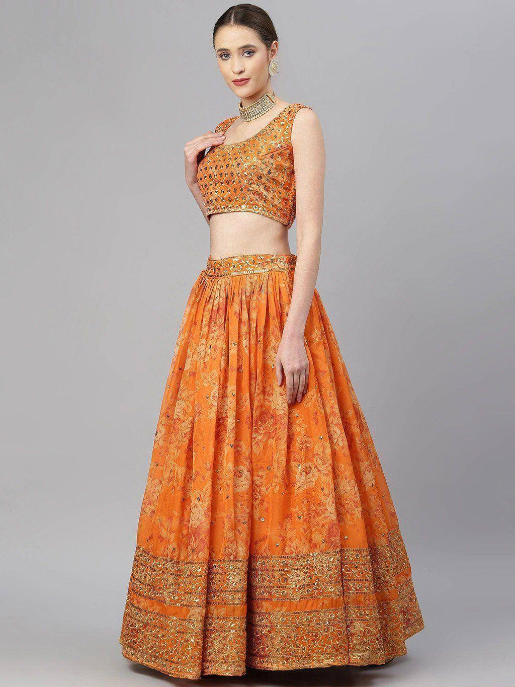 Tulsi Art Orange & Gold-Toned Embellished Sequinned Semi-Stitched Myntra Lehenga & Unstitched Blouse | Grocsy