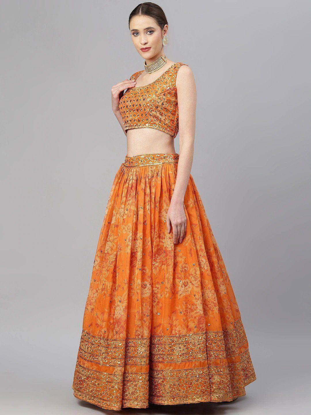 Tulsi Art Orange & Gold-Toned Embellished Sequinned Semi-Stitched Myntra Lehenga & Unstitched Blouse | Grocsy