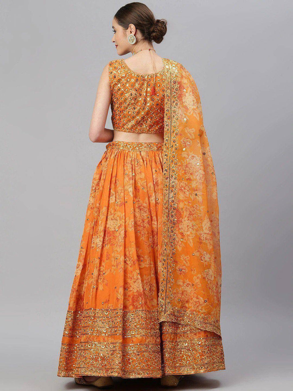 Tulsi Art Orange & Gold-Toned Embellished Sequinned Semi-Stitched Myntra Lehenga & Unstitched Blouse | Grocsy