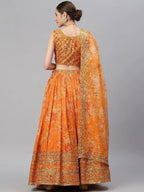 Tulsi Art Orange & Gold-Toned Embellished Sequinned Semi-Stitched Myntra Lehenga & Unstitched Blouse | Grocsy