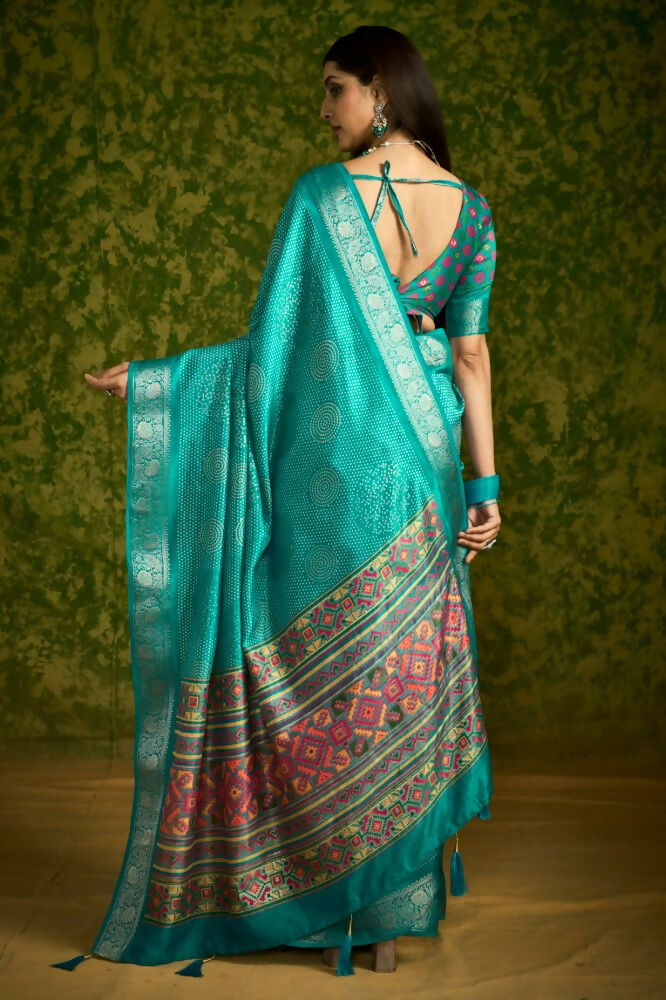 Joban Fashion Sea Green Velvet Tussar Silk with Foil Print Saree | Grocsy
