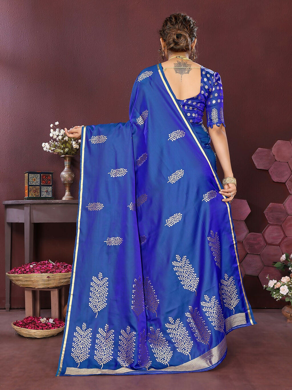 Joban Fashion Royal Blue Floral Motifs Banarasi Silk Sarees | Grocsy