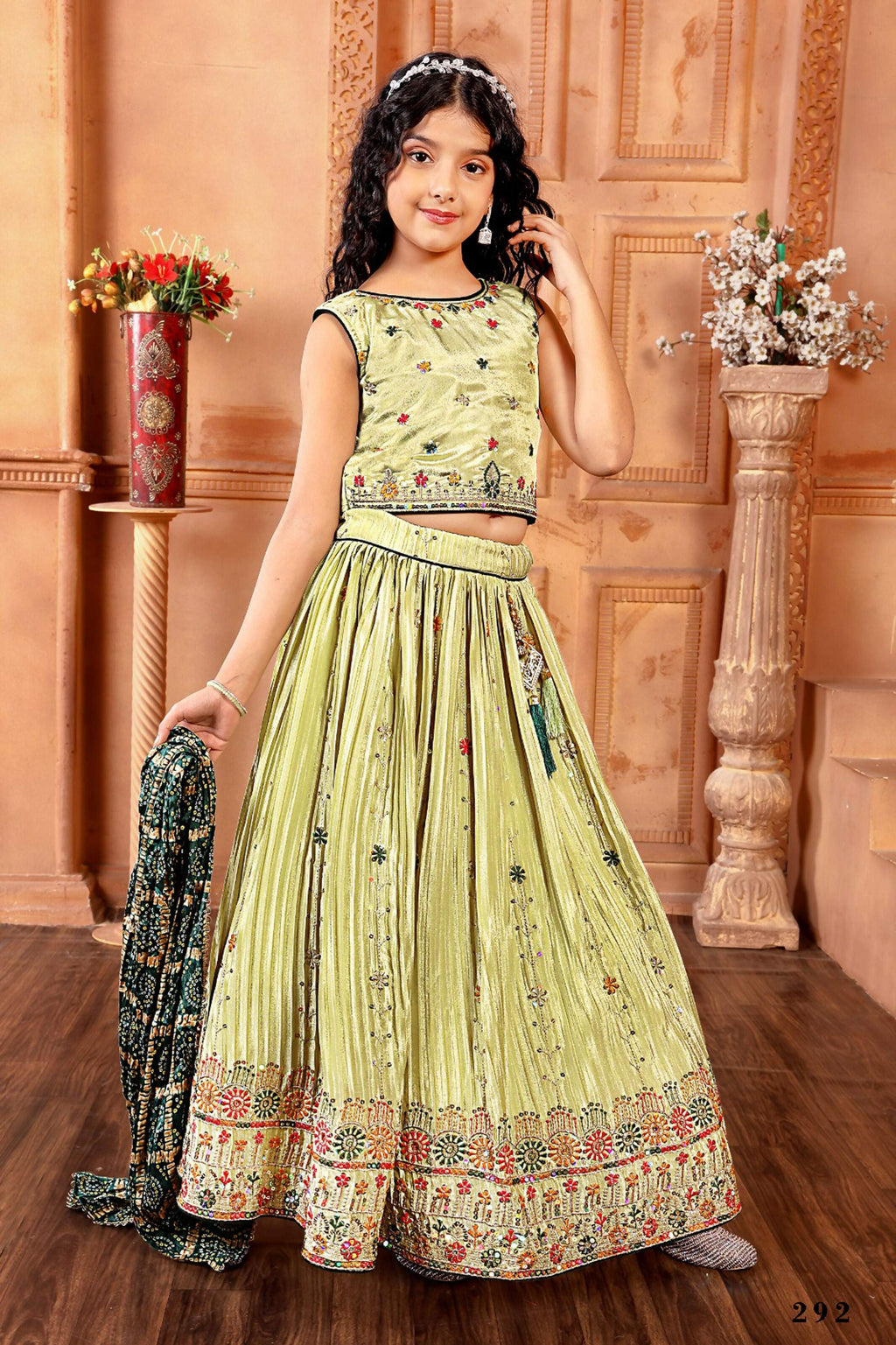 Kids Functional Designer Pista Chinon Fab Lehenga choli - Aaradhna | Grocsy