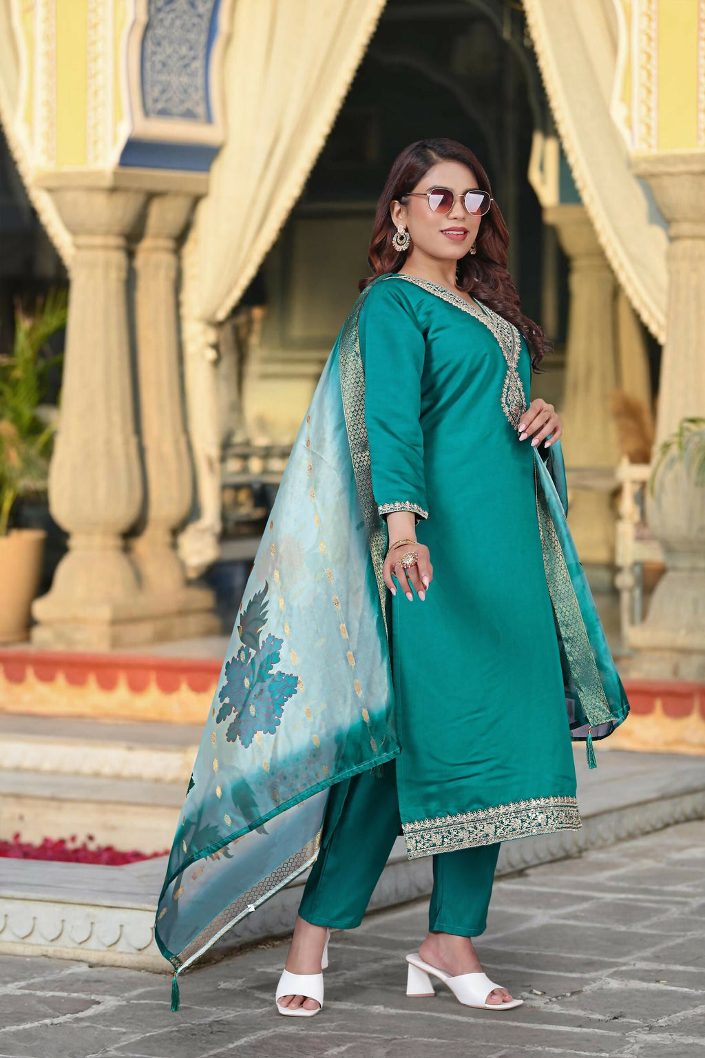 The52 Women's Beautiful Viscose Chanderi Fabric Embroidery Work Straight Kurta Pant and Dupatta Set | Grocsy