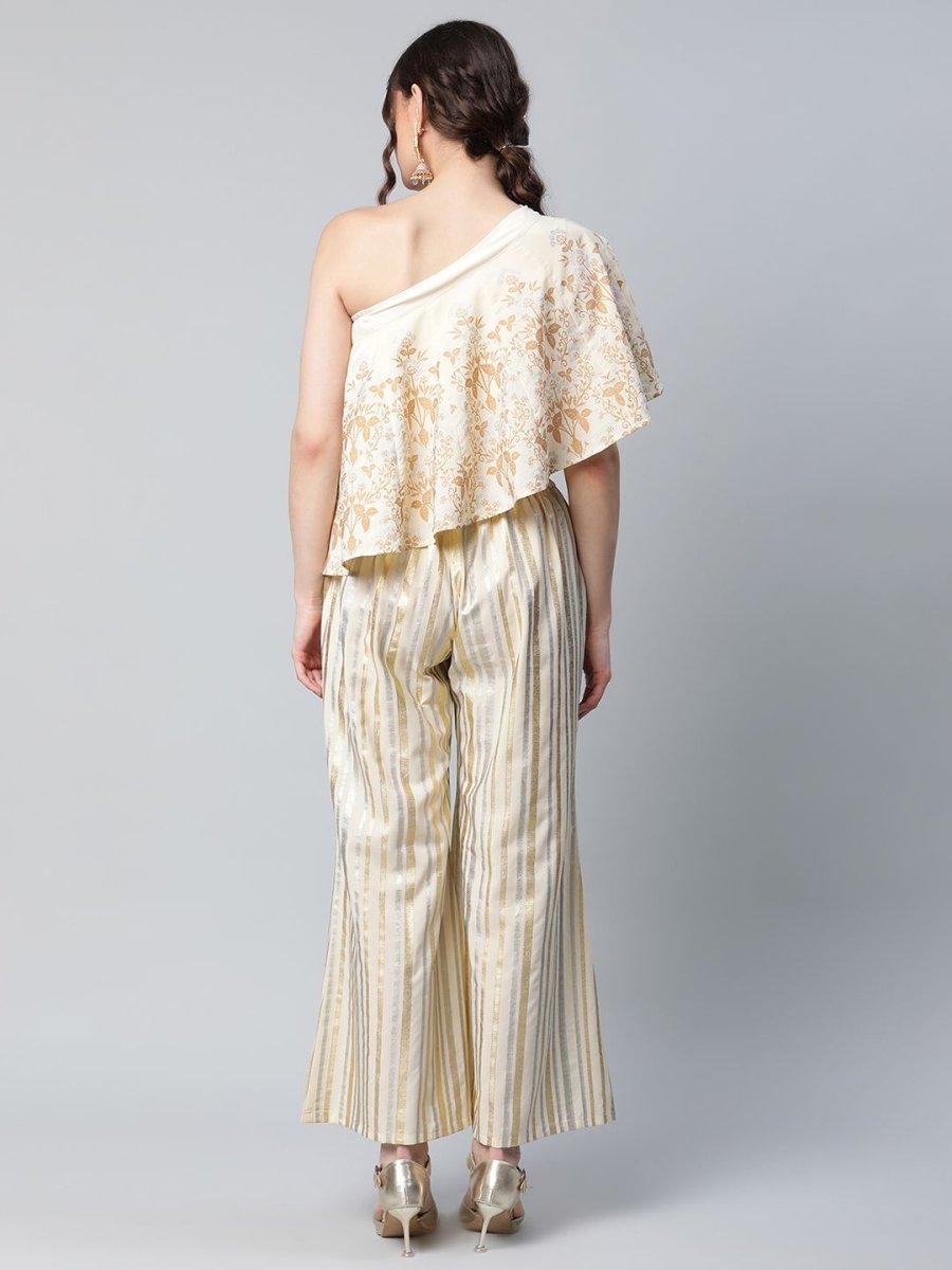 Ahalyaa Women Off White Crepe Floral Printed Top with Palazzos | Grocsy