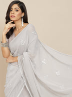 Tikhi Imli Grey Embroidered Mirror-Work Saree | Grocsy