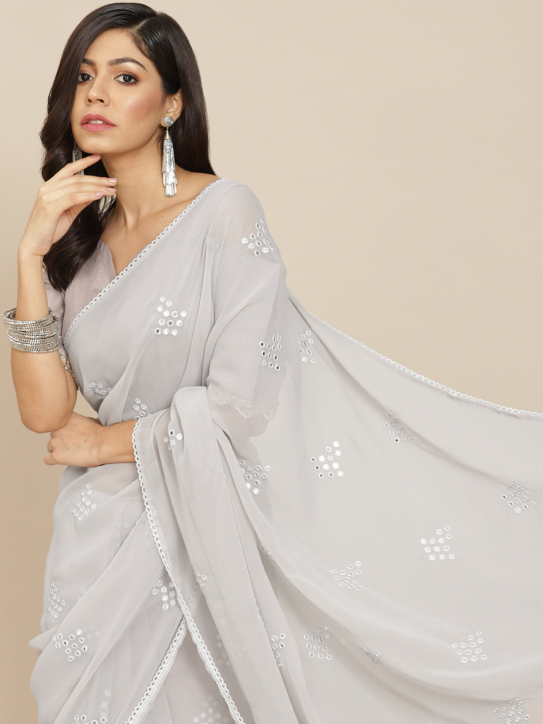 Tikhi Imli Grey Embroidered Mirror-Work Saree | Grocsy