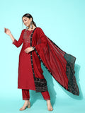 Sangria Women Maroon Ethnic Motifs Embroidered Thread Work Kurta With Trousers & Dupatta | Grocsy