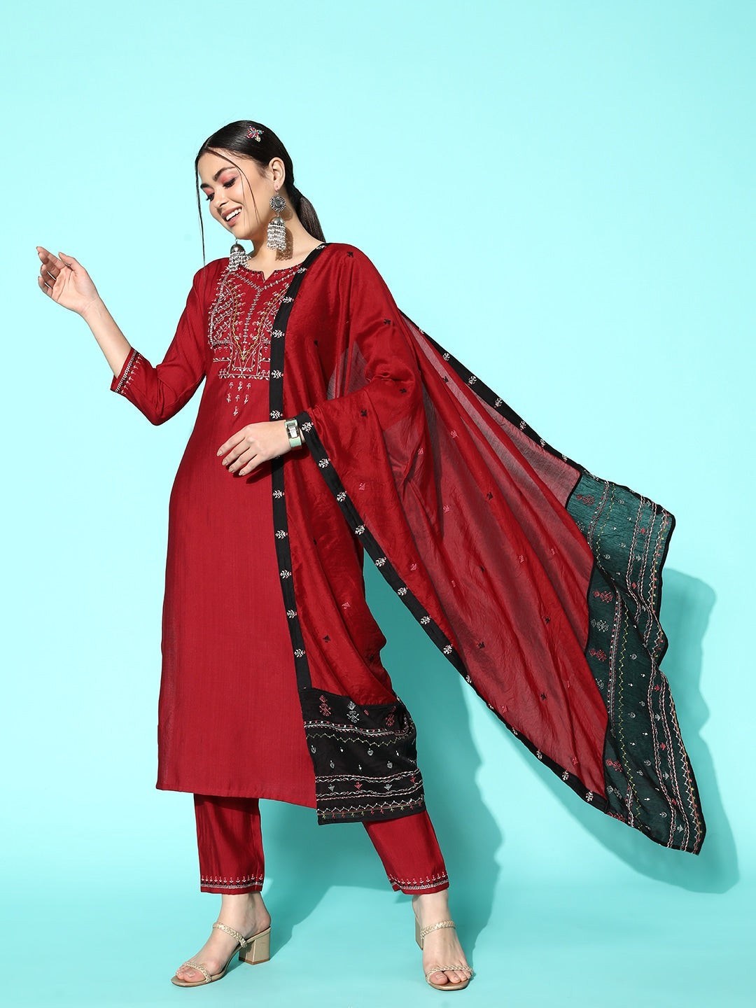 Sangria Women Maroon Ethnic Motifs Embroidered Thread Work Kurta With Trousers & Dupatta | Grocsy